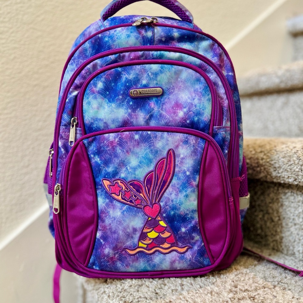 Purple Galaxy Kids Backpack with Mermaid Tail Design